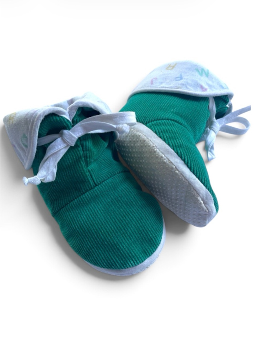 VINTAGE HANDMADE 50s 60s 70s Booties Green Corduroy Alphabet Baby Slippers